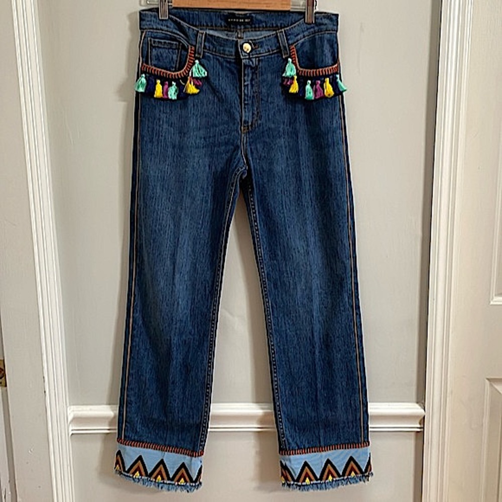 ETRO 28, Made in Italy, embroidered and tasseled denim jeans